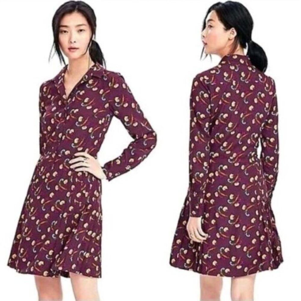 NEW $128 Banana Republic Floral Shirt Dress Sz 00 BURGUNDY Long Sleeves Pleated
